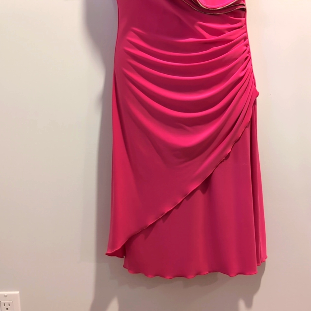 Joseph Ribkoff Pink Ruched Fitted Dress Size 8 Ruffled Neckline - Picture 3 of 8